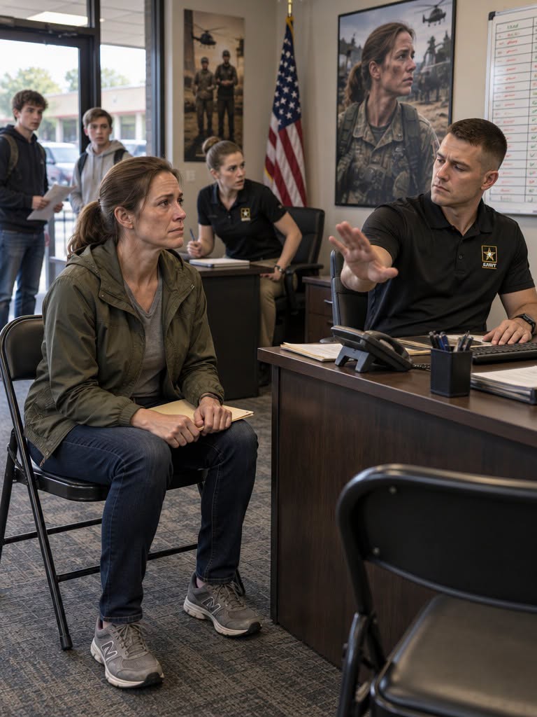 PART 1 — The Woman Sitting Beneath the Recruiting Poster While a Young Recruiter Told Her to Go Home and Cook